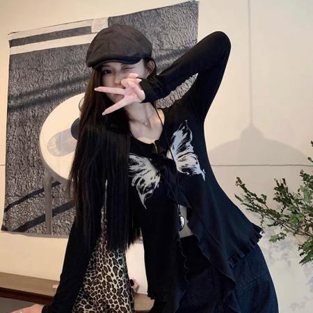 FA37514# 辣妹蝴蝶印花飘带长袖T恤女早秋设计感修身显瘦小众上衣 服裝批發女裝批發服飾貨源