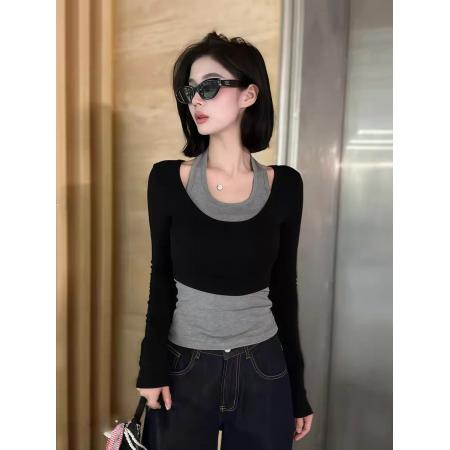 FA37515# 大码纯欲辣妹短款长袖罩衫T恤女早秋新款修身显瘦挂脖背心两件套 服裝批發女裝批發服飾貨源