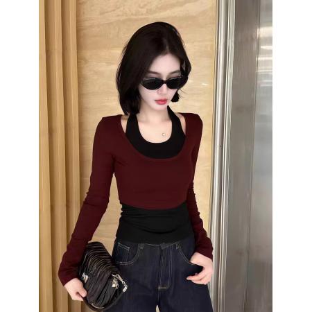FA37515# 大码纯欲辣妹短款长袖罩衫T恤女早秋新款修身显瘦挂脖背心两件套 服裝批發女裝批發服飾貨源