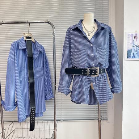 FA37517# 早秋新款韩系配腰带条纹长袖衬衫女宽松休闲中长款上衣 服裝批發女裝批發服飾貨源