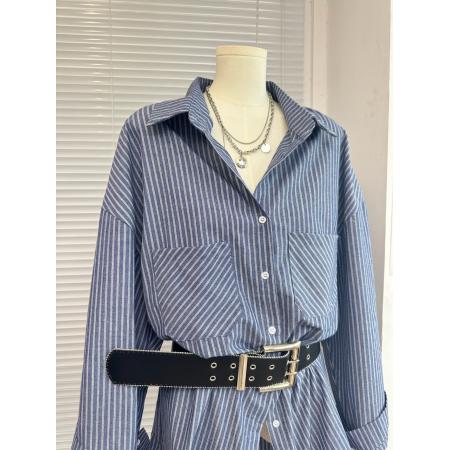 FA37517# 早秋新款韩系配腰带条纹长袖衬衫女宽松休闲中长款上衣 服裝批發女裝批發服飾貨源