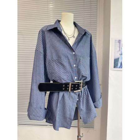 FA37517# 早秋新款韩系配腰带条纹长袖衬衫女宽松休闲中长款上衣 服裝批發女裝批發服飾貨源