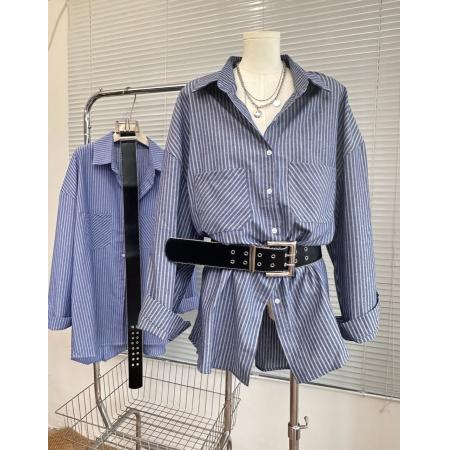 FA37517# 早秋新款韩系配腰带条纹长袖衬衫女宽松休闲中长款上衣 服裝批發女裝批發服飾貨源