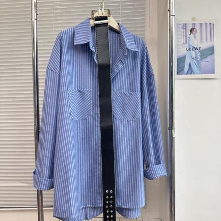 FA37517# 早秋新款韩系配腰带条纹长袖衬衫女宽松休闲中长款上衣 服裝批發女裝批發服飾貨源