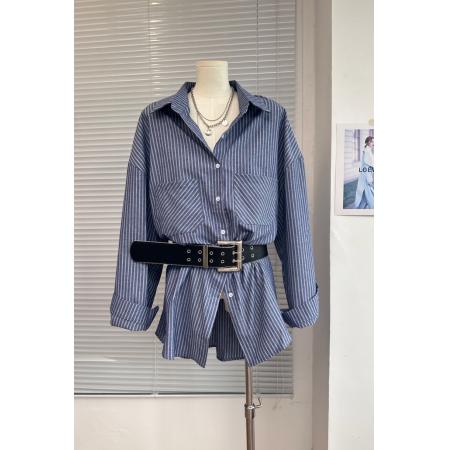 FA37517# 早秋新款韩系配腰带条纹长袖衬衫女宽松休闲中长款上衣 服裝批發女裝批發服飾貨源