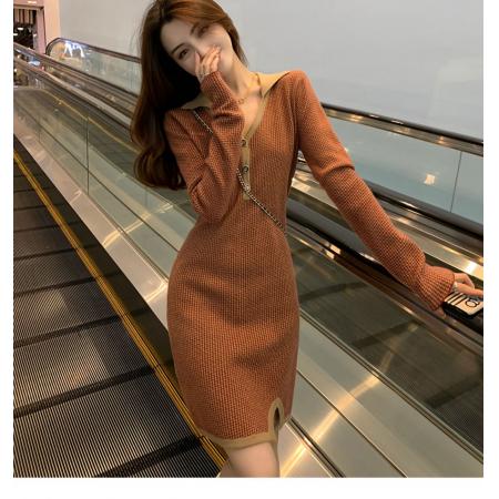 FA37521# 法式复古针织连衣裙女新款气质收腰显瘦小香风包臀裙子春秋 服裝批發女裝批發服飾貨源