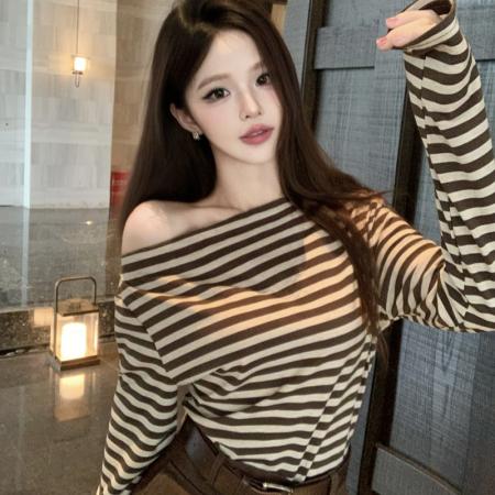FA37522# 工装开叉屁帘一字领露肩条纹中长T恤裙+腰带三件套女套装 服裝批發女裝批發服飾貨源