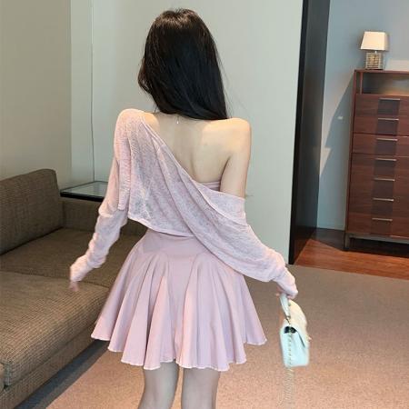 FA37525# 气质名媛抹胸收腰甜美小伞裙连衣裙+长袖防晒衫 服裝批發女裝批發服飾貨源