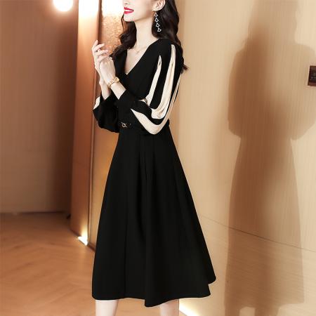 FA37529# 贵夫人高端连衣裙长袖时尚女装新款奢华高贵黑色裙子 服裝批發女裝批發服飾貨源