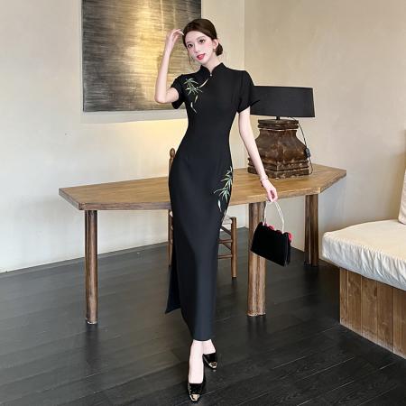 FA37530# 新中式弹力西装刺绣旗袍连衣裙短袖红竹 服裝批發女裝批發服飾貨源