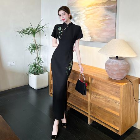 FA37530# 新中式弹力西装刺绣旗袍连衣裙短袖红竹 服裝批發女裝批發服飾貨源