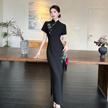 FA37530# 新中式弹力西装刺绣旗袍连衣裙短袖红竹 服裝批發女裝批發服飾貨源