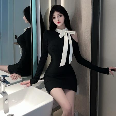 FA37532# 纯欲风黑色蝴蝶结露肩长袖连衣裙女春秋御姐收腰包臀短裙 服裝批發女裝批發服飾貨源