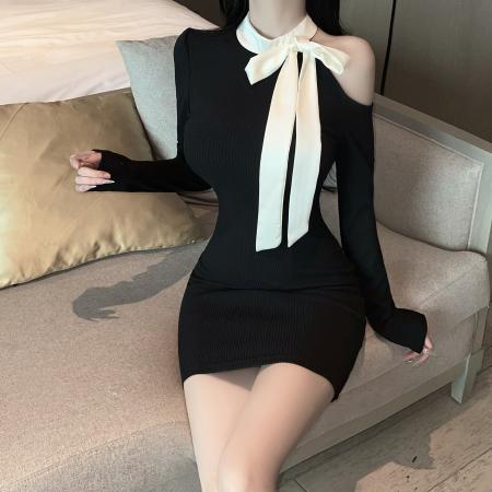 FA37532# 纯欲风黑色蝴蝶结露肩长袖连衣裙女春秋御姐收腰包臀短裙 服裝批發女裝批發服飾貨源
