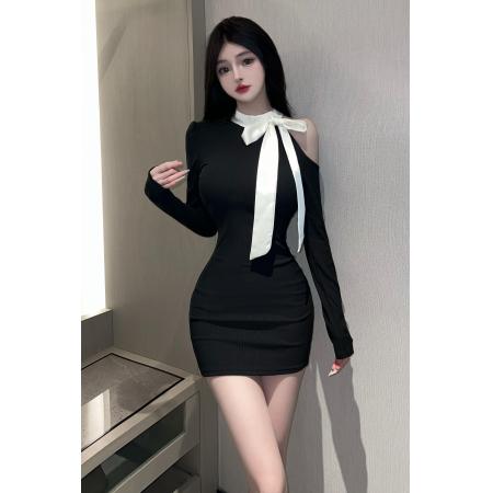FA37532# 纯欲风黑色蝴蝶结露肩长袖连衣裙女春秋御姐收腰包臀短裙 服裝批發女裝批發服飾貨源