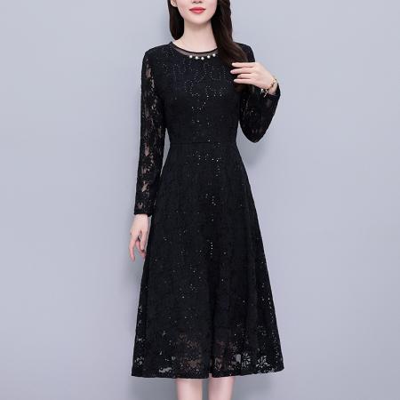 FA37535# 亮片镂空蕾丝中长款修身显瘦大码女装胖mm胖妹妹长袖连衣裙春秋季 服裝批發女裝批發服飾貨源