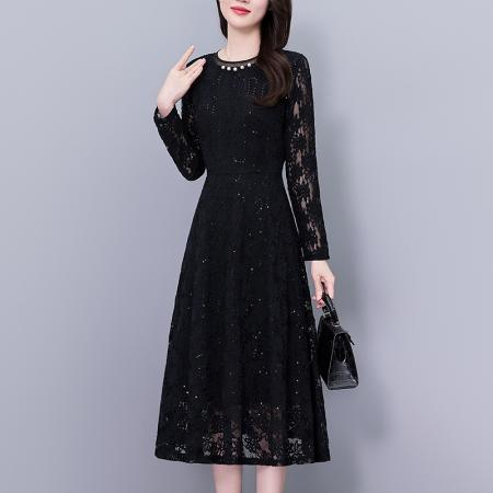 FA37535# 亮片镂空蕾丝中长款修身显瘦大码女装胖mm胖妹妹长袖连衣裙春秋季 服裝批發女裝批發服飾貨源