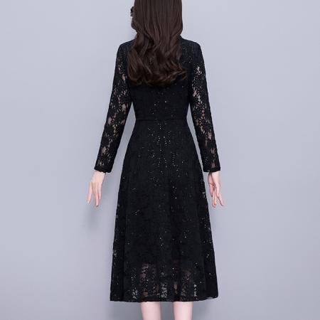 FA37535# 亮片镂空蕾丝中长款修身显瘦大码女装胖mm胖妹妹长袖连衣裙春秋季 服裝批發女裝批發服飾貨源