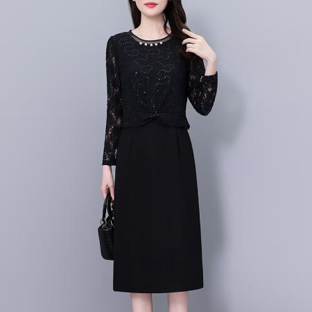 FA37537# 亮片蕾丝假两件套大码女装胖mm修身显瘦黑色长袖连衣裙春秋新款 服裝批發女裝批發服飾貨源