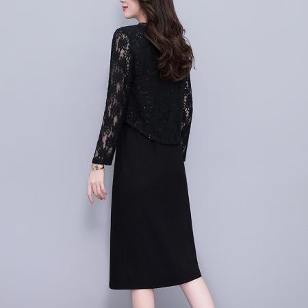 FA37537# 亮片蕾丝假两件套大码女装胖mm修身显瘦黑色长袖连衣裙春秋新款 服裝批發女裝批發服飾貨源