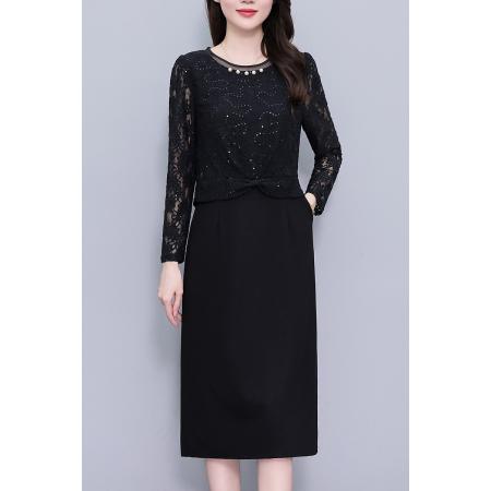 FA37537# 亮片蕾丝假两件套大码女装胖mm修身显瘦黑色长袖连衣裙春秋新款 服裝批發女裝批發服飾貨源
