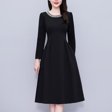 FA37538# 时尚洋气修身气质黑色长袖连衣裙中长款大码女装胖mm胖妹妹阔太太 服裝批發女裝批發服飾貨源