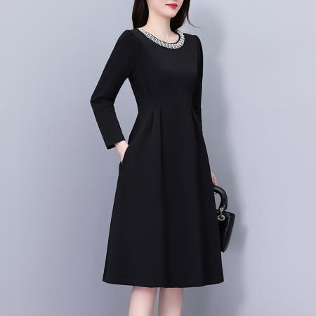 FA37538# 时尚洋气修身气质黑色长袖连衣裙中长款大码女装胖mm胖妹妹阔太太 服裝批發女裝批發服飾貨源