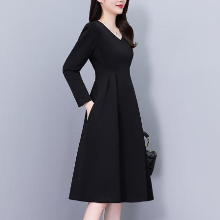 FA37539# 黑色V领气质显瘦大码女装胖mm胖妹妹长袖连衣裙春秋季新款阔太太 服裝批發女裝批發服飾貨源