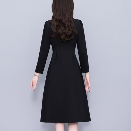 FA37539# 黑色V领气质显瘦大码女装胖mm胖妹妹长袖连衣裙春秋季新款阔太太 服裝批發女裝批發服飾貨源