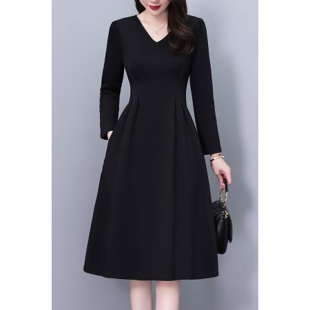 FA37539# 黑色V领气质显瘦大码女装胖mm胖妹妹长袖连衣裙春秋季新款阔太太 服裝批發女裝批發服飾貨源