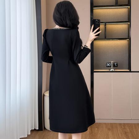 FA37540# 时尚洋气修身显瘦黑色气质大码女装胖mm长袖连衣裙子春秋季中长款 服裝批發女裝批發服飾貨源