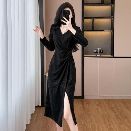 FA37541# 亮晶晶时尚洋气修身气质显瘦大码女装胖mm长袖中长款开叉连衣裙秋 服裝批發女裝批發服飾貨源