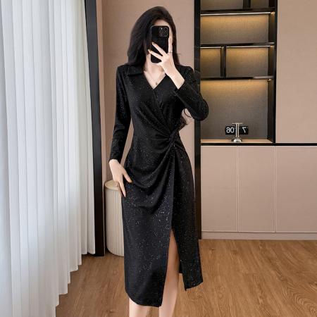 FA37541# 亮晶晶时尚洋气修身气质显瘦大码女装胖mm长袖中长款开叉连衣裙秋 服裝批發女裝批發服飾貨源