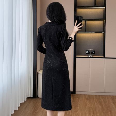 FA37541# 亮晶晶时尚洋气修身气质显瘦大码女装胖mm长袖中长款开叉连衣裙秋 服裝批發女裝批發服飾貨源