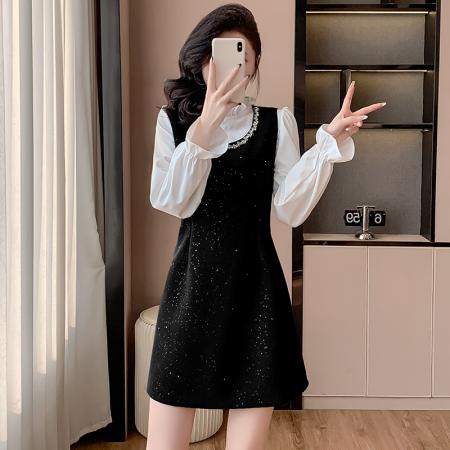 FA37545# 小洋装两件套连衣裙女秋冬法式名媛穿搭背心裙花边长袖衬衫套装裙 服裝批發女裝批發服飾貨源