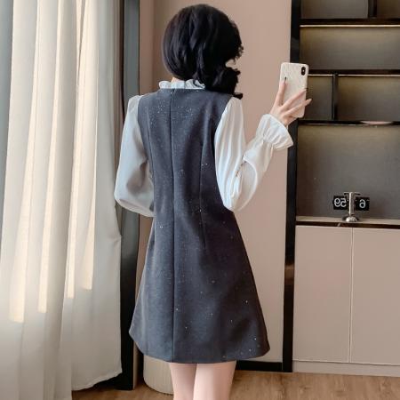 FA37545# 小洋装两件套连衣裙女秋冬法式名媛穿搭背心裙花边长袖衬衫套装裙 服裝批發女裝批發服飾貨源