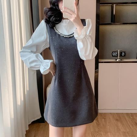FA37545# 小洋装两件套连衣裙女秋冬法式名媛穿搭背心裙花边长袖衬衫套装裙 服裝批發女裝批發服飾貨源