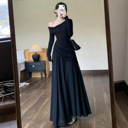 FA37549# 拼接气质连衣裙女秋冬新款法式高级感显瘦设计感收腰长款裙子 服裝批發女裝批發服飾貨源