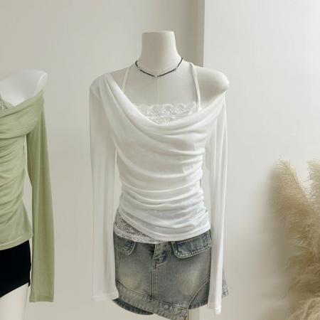 FA37550# Tongiiuu尤莉Doll假两件斜肩荡领长袖T恤女蕾丝挂脖打底衫上衣 服裝批發女裝批發服飾貨源