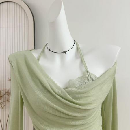 FA37550# Tongiiuu尤莉Doll假两件斜肩荡领长袖T恤女蕾丝挂脖打底衫上衣 服裝批發女裝批發服飾貨源