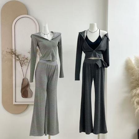 FA37551# 慵懒周末outfit条纹修身正肩显瘦连帽卫衣套装女秋季 服裝批發女裝批發服飾貨源