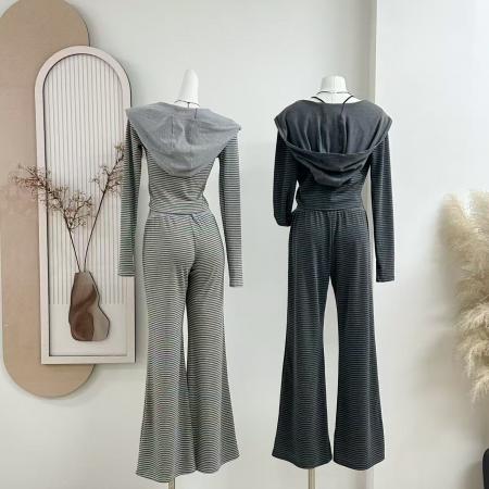 FA37551# 慵懒周末outfit条纹修身正肩显瘦连帽卫衣套装女秋季 服裝批發女裝批發服飾貨源