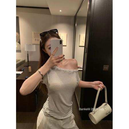FA37553# 板栗可可氧气韩妹'天丝羊毛花边斜肩条纹小衫 服裝批發女裝批發服飾貨源