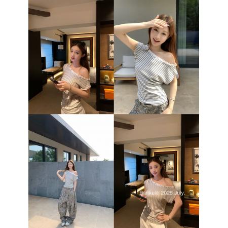 FA37553# 板栗可可氧气韩妹'天丝羊毛花边斜肩条纹小衫 服裝批發女裝批發服飾貨源
