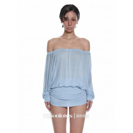 FA37554# 慵懒一字肩纯欲浅蓝色连衣裙夏日清凉 服裝批發女裝批發服飾貨源