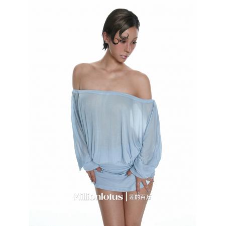 FA37554# 慵懒一字肩纯欲浅蓝色连衣裙夏日清凉 服裝批發女裝批發服飾貨源