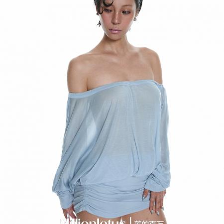 FA37554# 慵懒一字肩纯欲浅蓝色连衣裙夏日清凉 服裝批發女裝批發服飾貨源