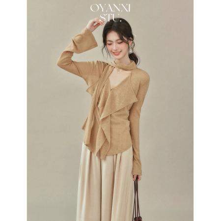 FA37555# 欧阳喜入秋松弛系设计感飘带V领T恤女秋季新款长袖上衣 服裝批發女裝批發服飾貨源