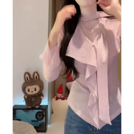 FA37555# 欧阳喜入秋松弛系设计感飘带V领T恤女秋季新款长袖上衣 服裝批發女裝批發服飾貨源