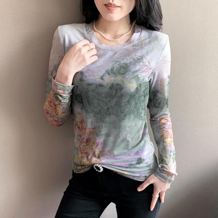 FA37558# 秋新款定位网纱印花圆领长袖t恤女时尚修身打底衫潮 服裝批發女裝批發服飾貨源